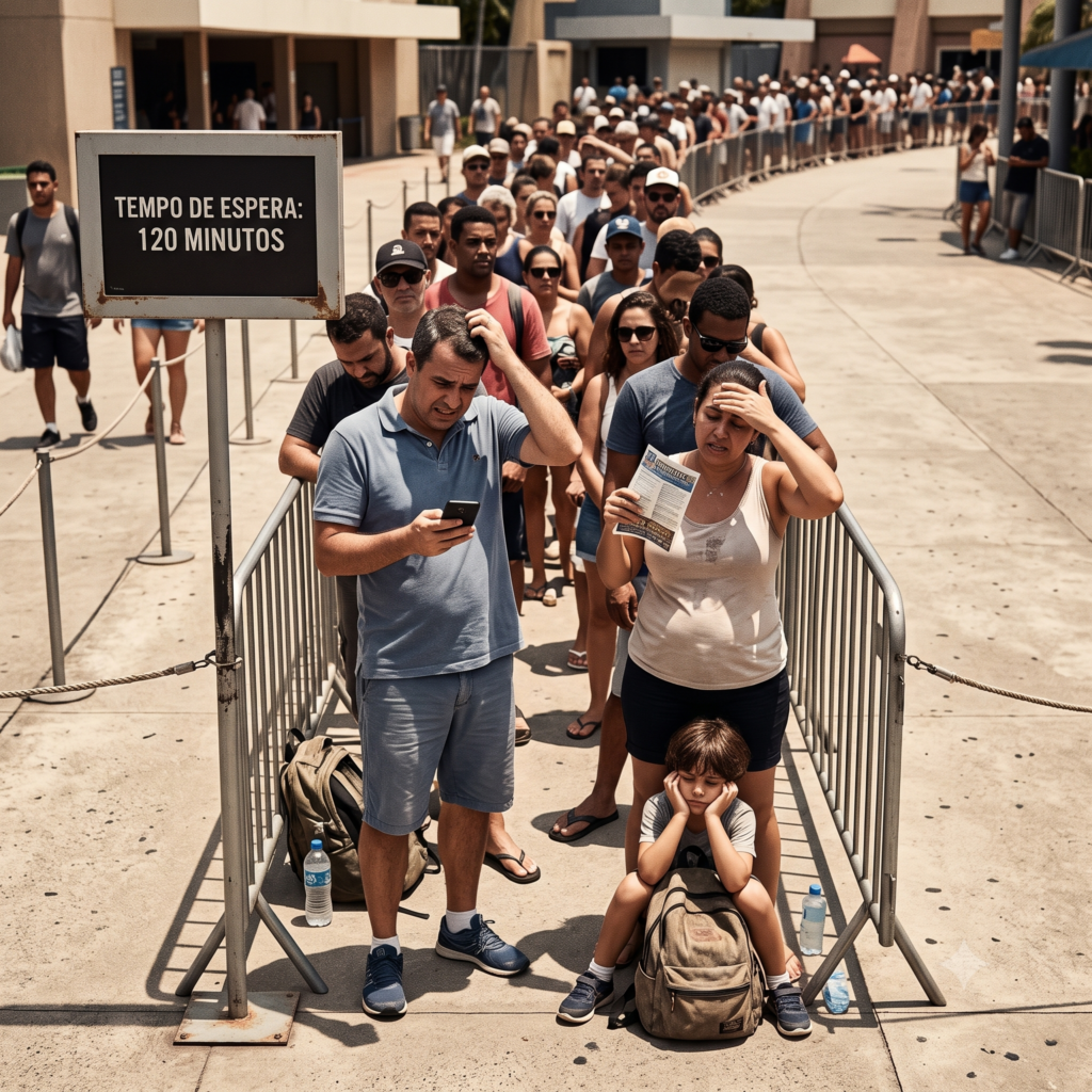 Família cansada em fila de espera de duas horas em parque de Orlando por falta de planejamento e estratégia de Lightning Lane
