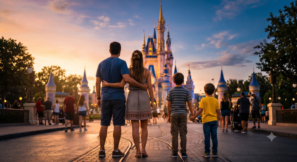 Família brasileira observando o castelo iluminado ao entardecer durante viagem para a Disney em Orlando com guiamento da Infinity Sky