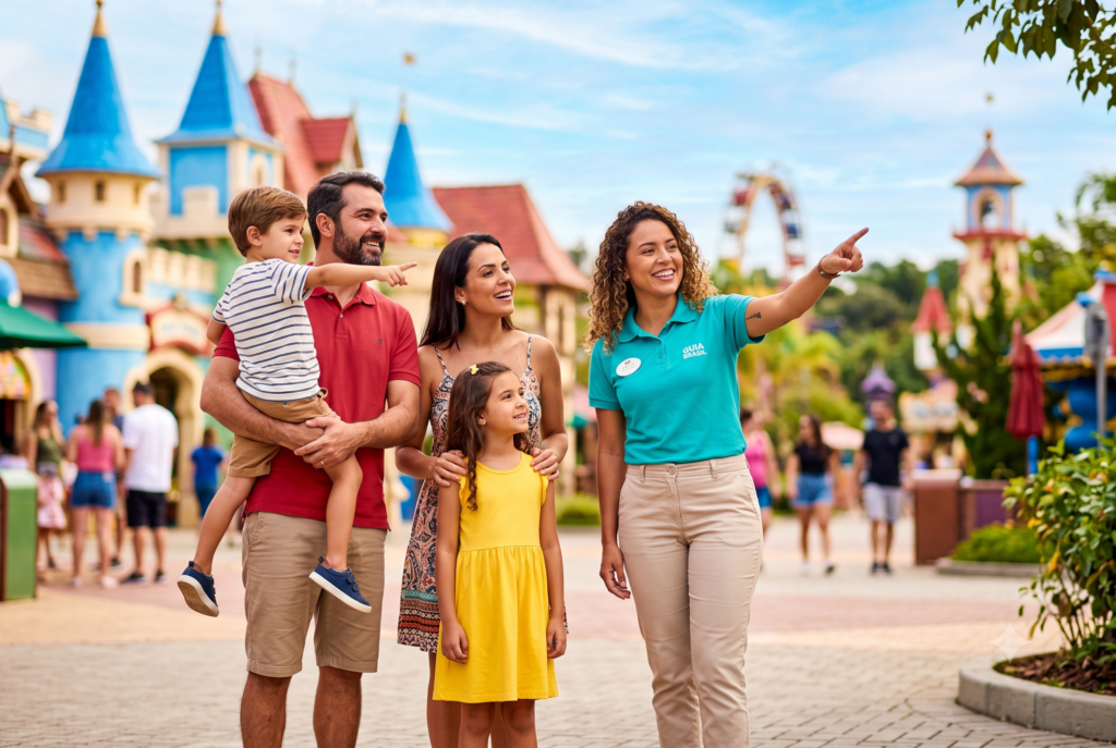 Guia brasileira acompanhando presencialmente uma família nos parques de Orlando durante o guiamento Disney da Infinity Sky