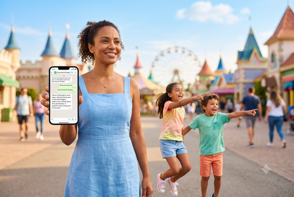 Mãe consultando orientações do guiamento virtual Disney pelo WhatsApp enquanto caminha com os filhos pelos parques de Orlando